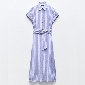 NWT! Zara cotton linen dress - blue/white stripe